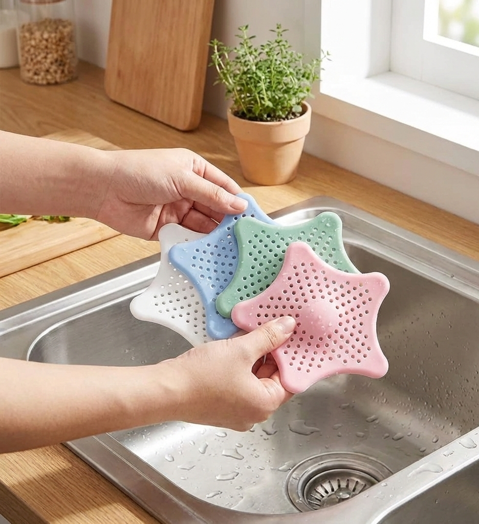 Star Silicone Sink Drain Hair Catcher Strainer (Set of 4) for Kitchen & Bathroom.