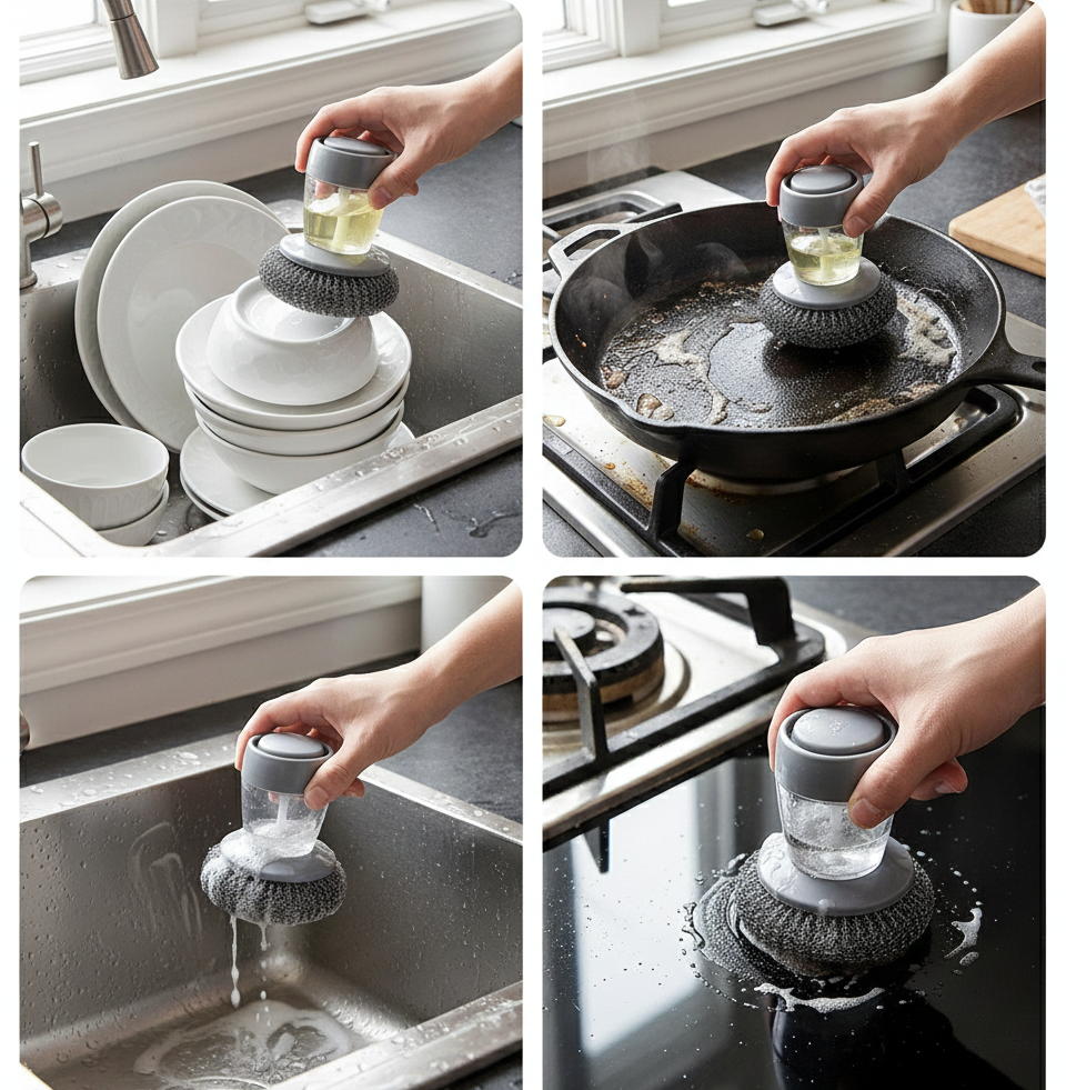 Soap Dispensing Dish Cleaning Brush | Built-In Liquid Dispenser Scrubber