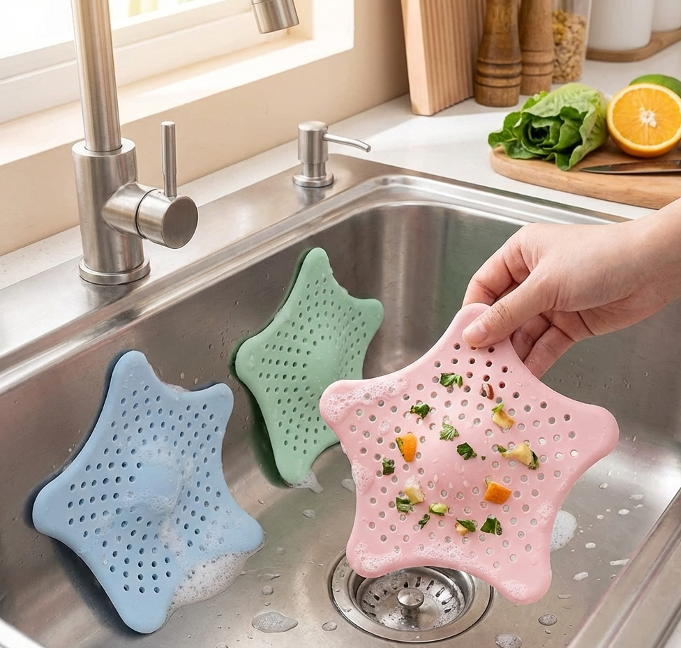 Star Silicone Sink Drain Hair Catcher Strainer (Set of 4) for Kitchen & Bathroom.
